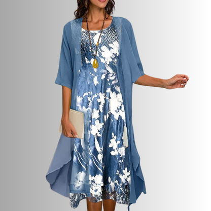 Lynn | Open Front Chiffon Overlay Floral Print Midi Elegant Dress