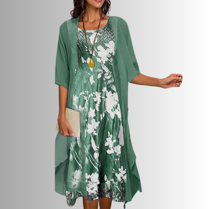 Lynn | Open Front Chiffon Overlay Floral Print Midi Elegant Dress