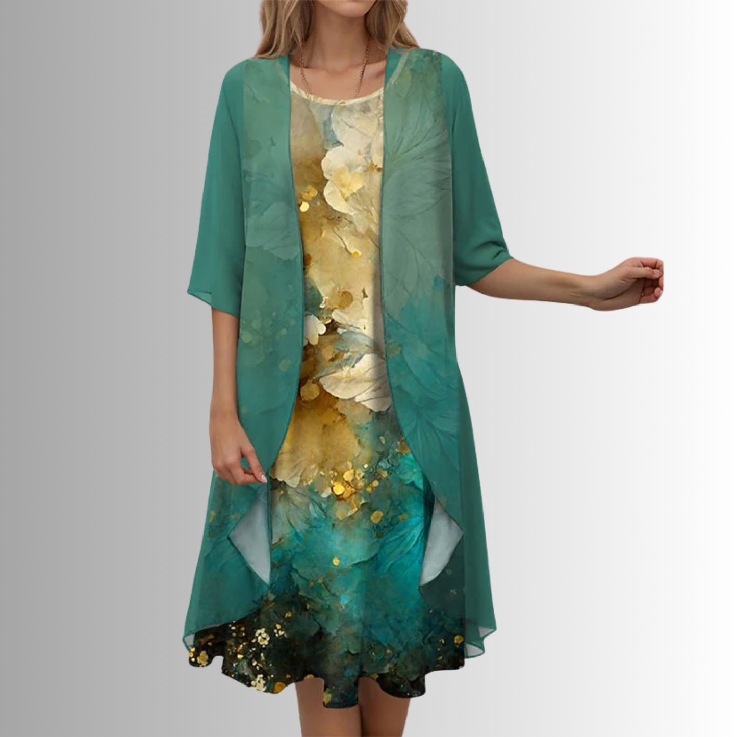 Lynn | Open Front Chiffon Overlay Floral Print Midi Elegant Dress