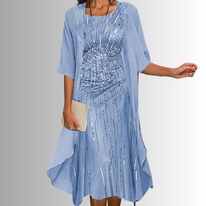 Lynn | Open Front Chiffon Overlay Floral Print Midi Elegant Dress