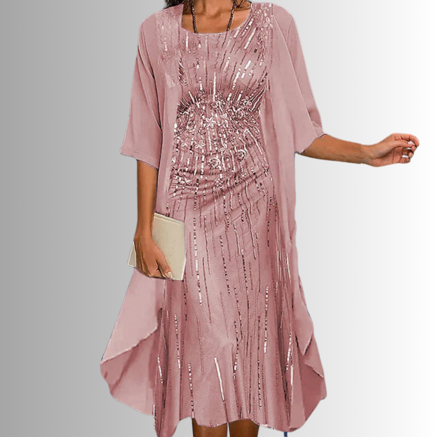 Lynn | Open Front Chiffon Overlay Floral Print Midi Elegant Dress