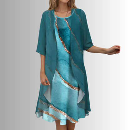 Lynn | Open Front Chiffon Overlay Floral Print Midi Elegant Dress