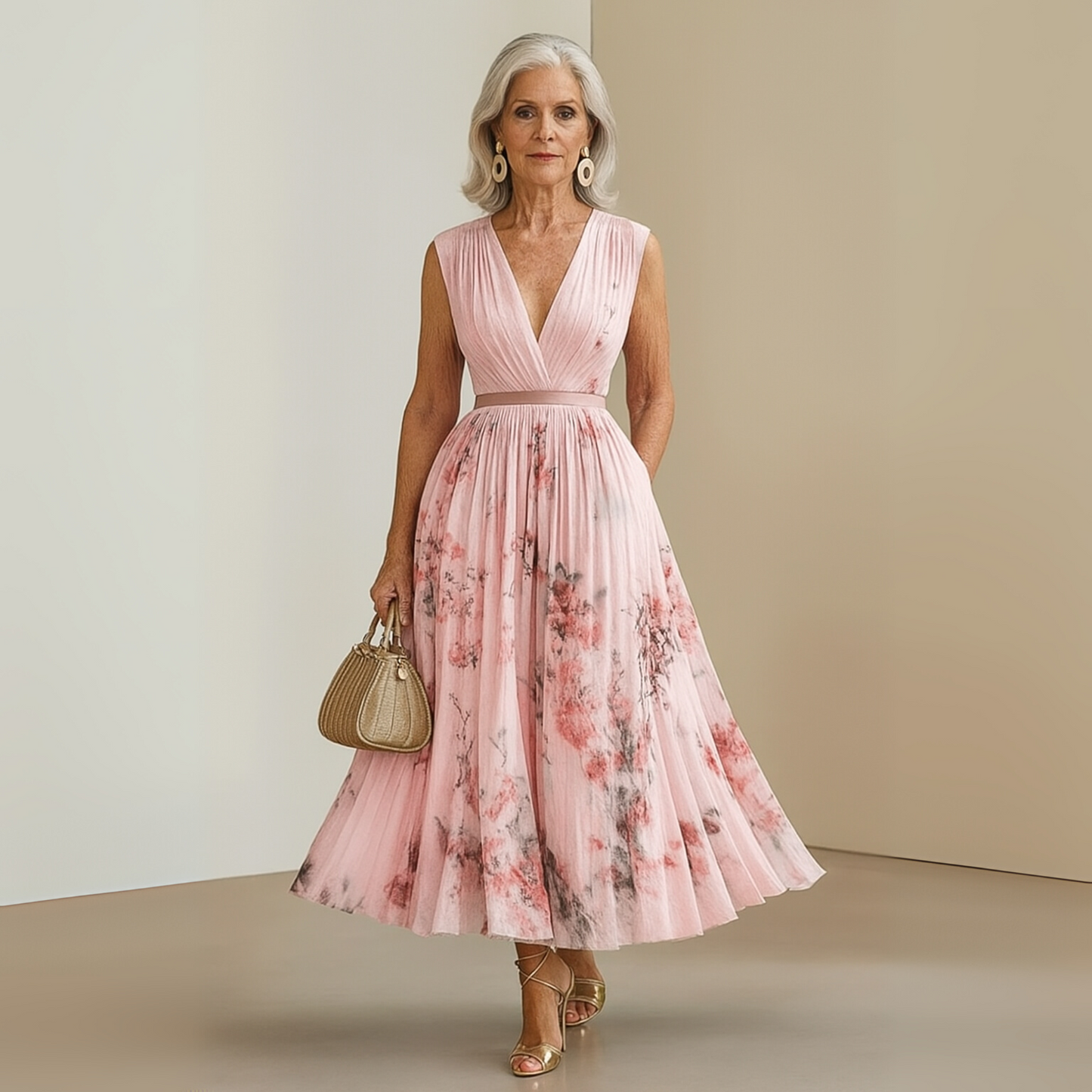 Aurora | Sleeveless Deep V Neck Floral Pleated Maxi Elegant Wedding Guest Dress