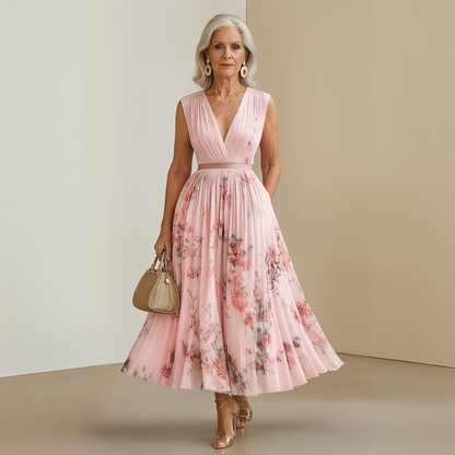 Aurora | Sleeveless Deep V Neck Floral Pleated Maxi Elegant Wedding Guest Dress