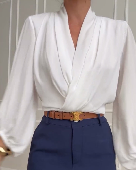 Vireo | Women's V-Neck Lantern Sleeve Draped Blouse