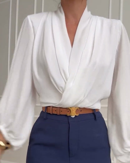 Vireo | Women's V-Neck Lantern Sleeve Draped Blouse