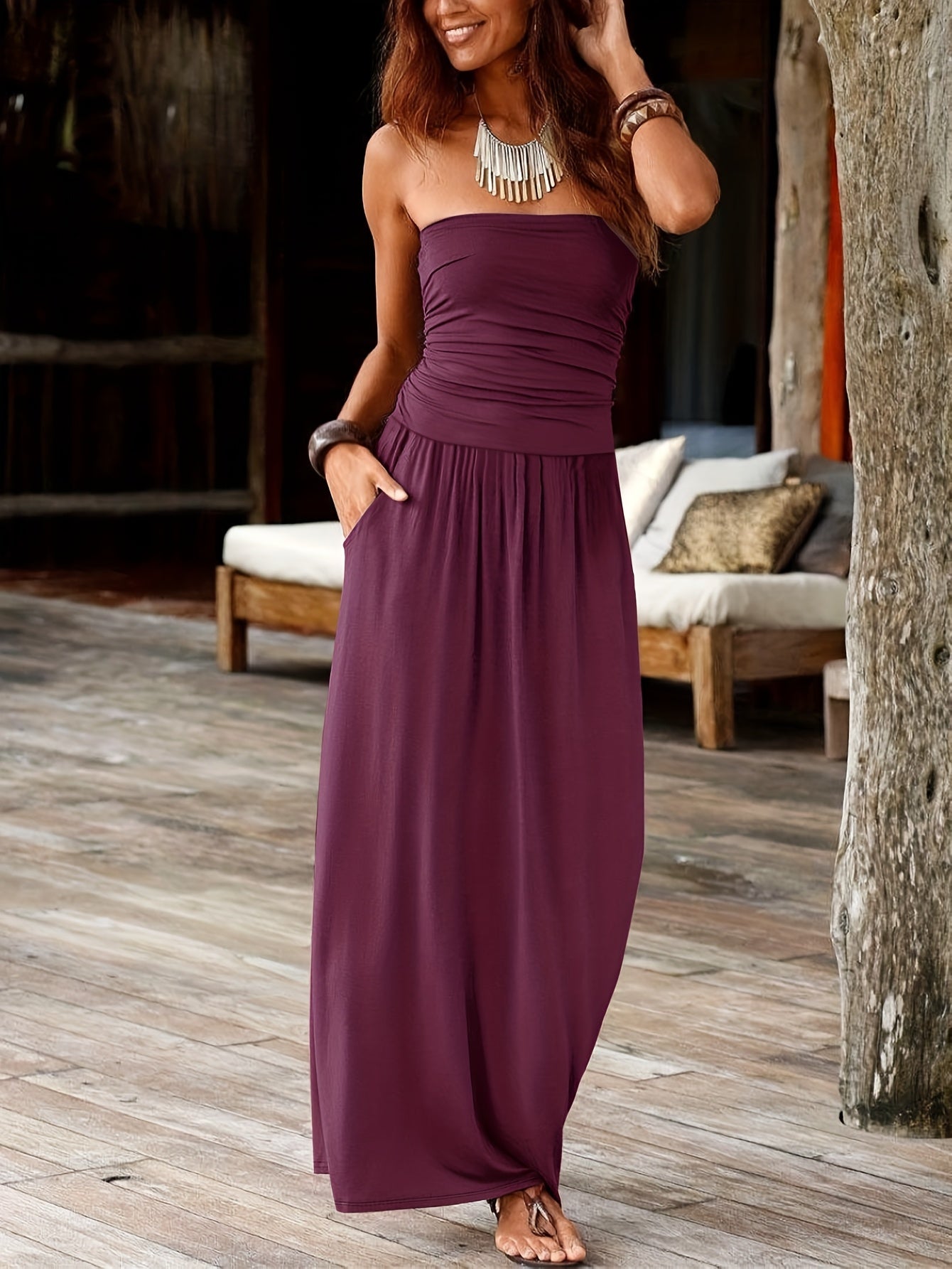 Marlowe | Women's Bandeau Ruched Pocket Maxi Dress