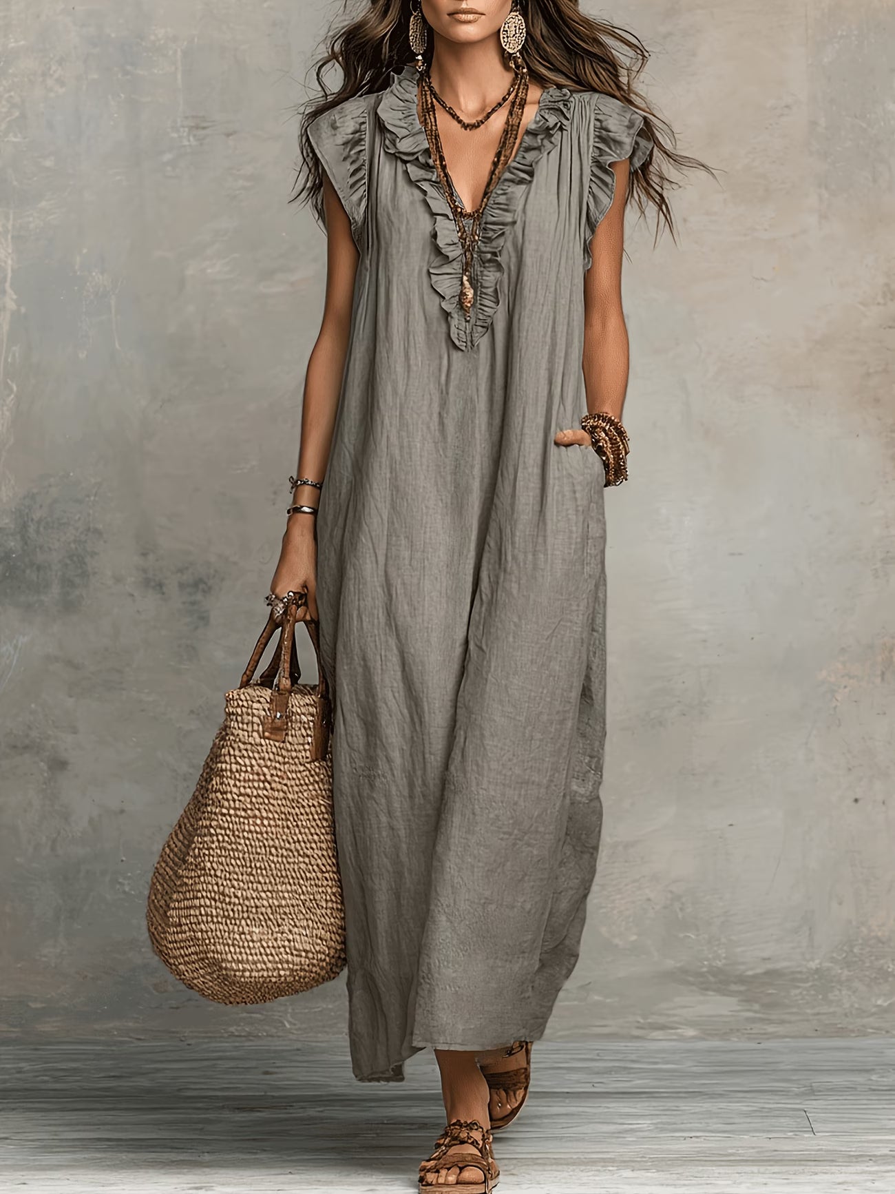 Delfina | Women's Ruffle V-Neck Relaxed Summer Maxi Dress