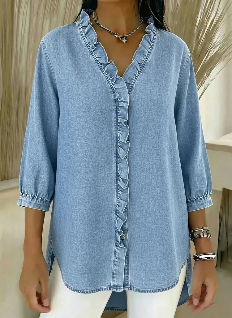 Delphine | Women's Denim V-Neck Ruffle Front Relaxed Shirt
