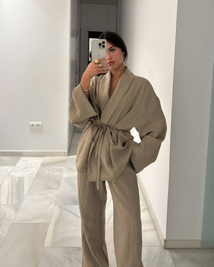 Delara | Women's Belted Kimono Wide Leg Two-Piece Set