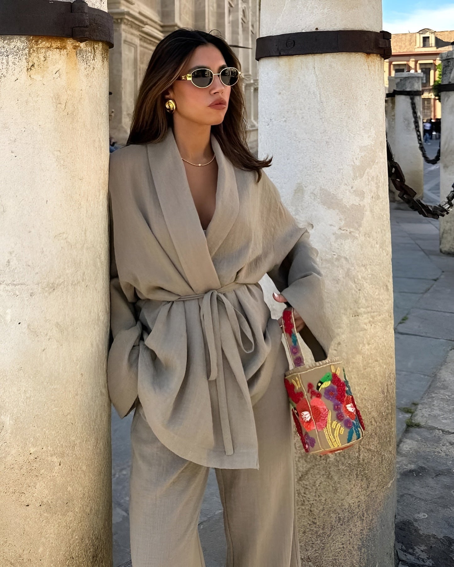 Delara | Women's Belted Kimono Wide Leg Two-Piece Set
