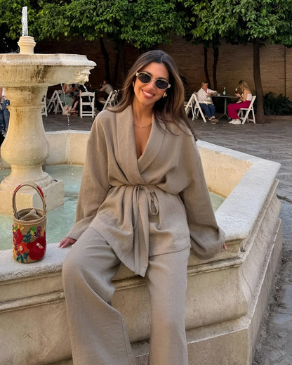Delara | Women's Belted Kimono Wide Leg Two-Piece Set