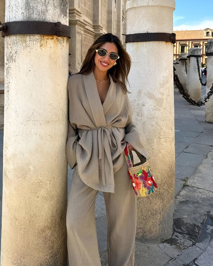 Delara | Women's Belted Kimono Wide Leg Two-Piece Set