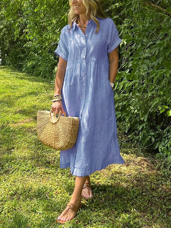 Brooke | Short Sleeve Striped Collared Button Up Casual Summer Midi Dress