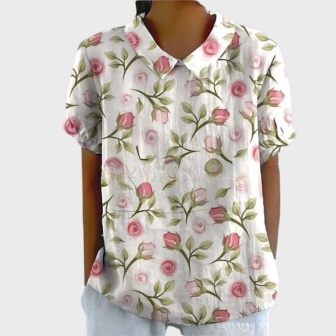 Jenna | Short Sleeve Floral Print Collared Relaxed Linen Blouse