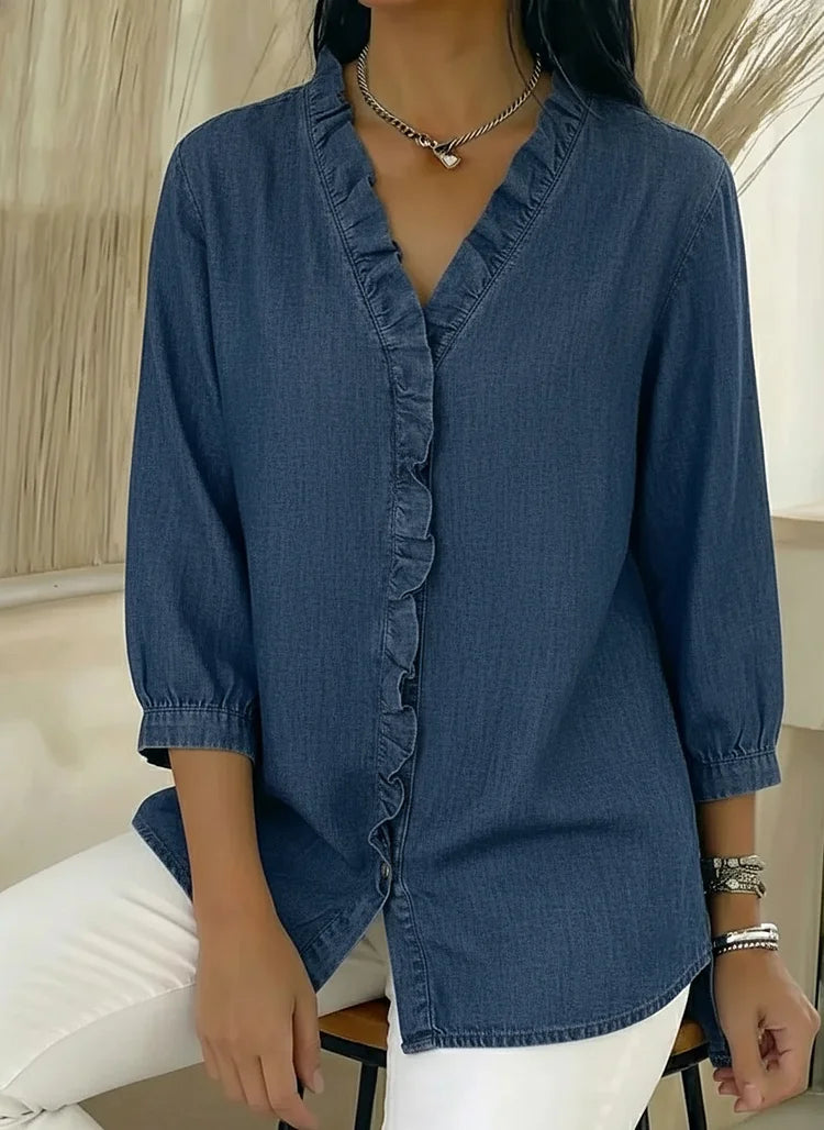 Delphine | Women's Denim V-Neck Ruffle Front Relaxed Shirt