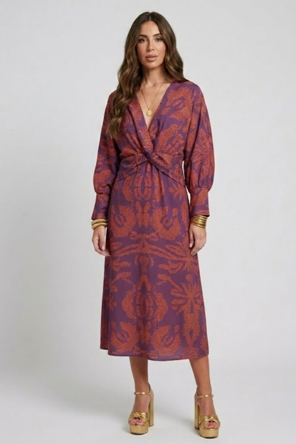 Faye | Printed Twist Front Deep V Neck Midi Dress