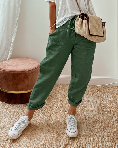 Lina | Elastic Drawstring Waist Relaxed Tapered Linen Blend Casual Pants