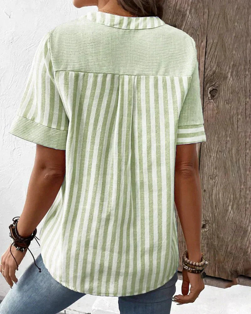 Monroe | Short Sleeve Striped Colorblock Stand Collar Relaxed Top