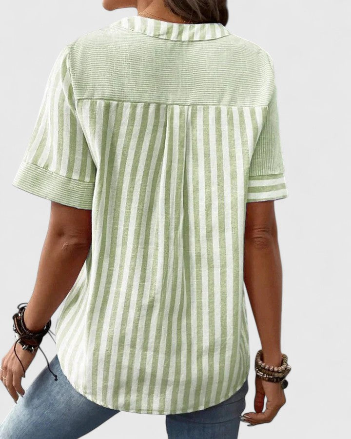 Gigi | Short Sleeve Striped Colorblock Stand Collar Casual Blouse