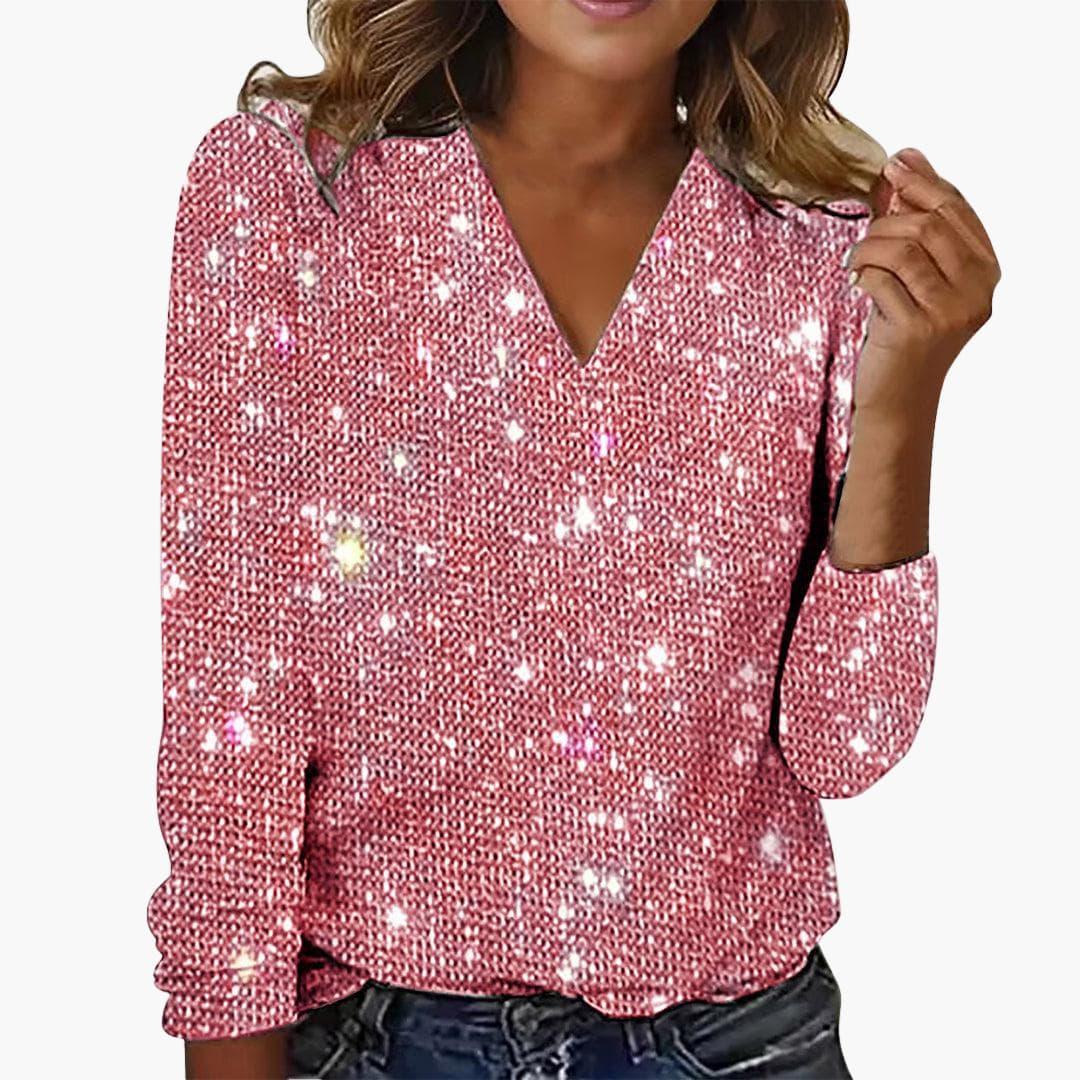 Celeste | Women's Glitter Sparkle V-Neck Long Sleeve Top