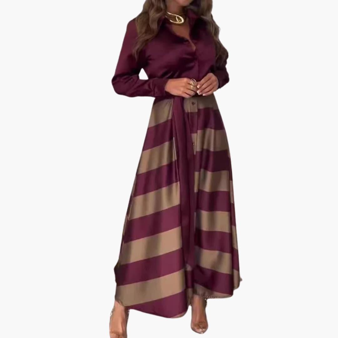 Seraphine | Women's Satin Collared Long Sleeve Striped Maxi Dress