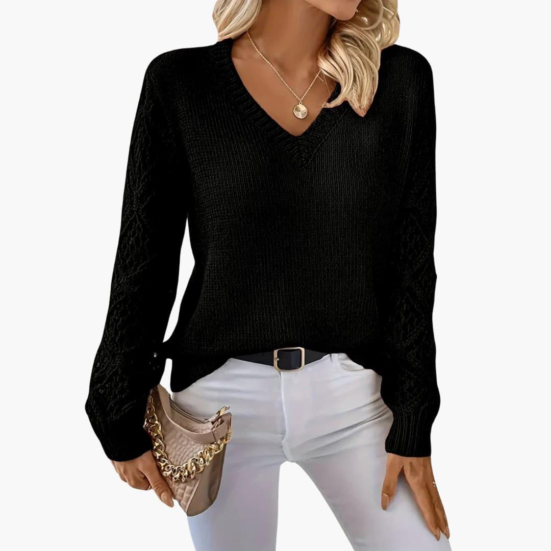 Marlowe | Women's Crochet Sleeve V-Neck Relaxed Knit Sweater
