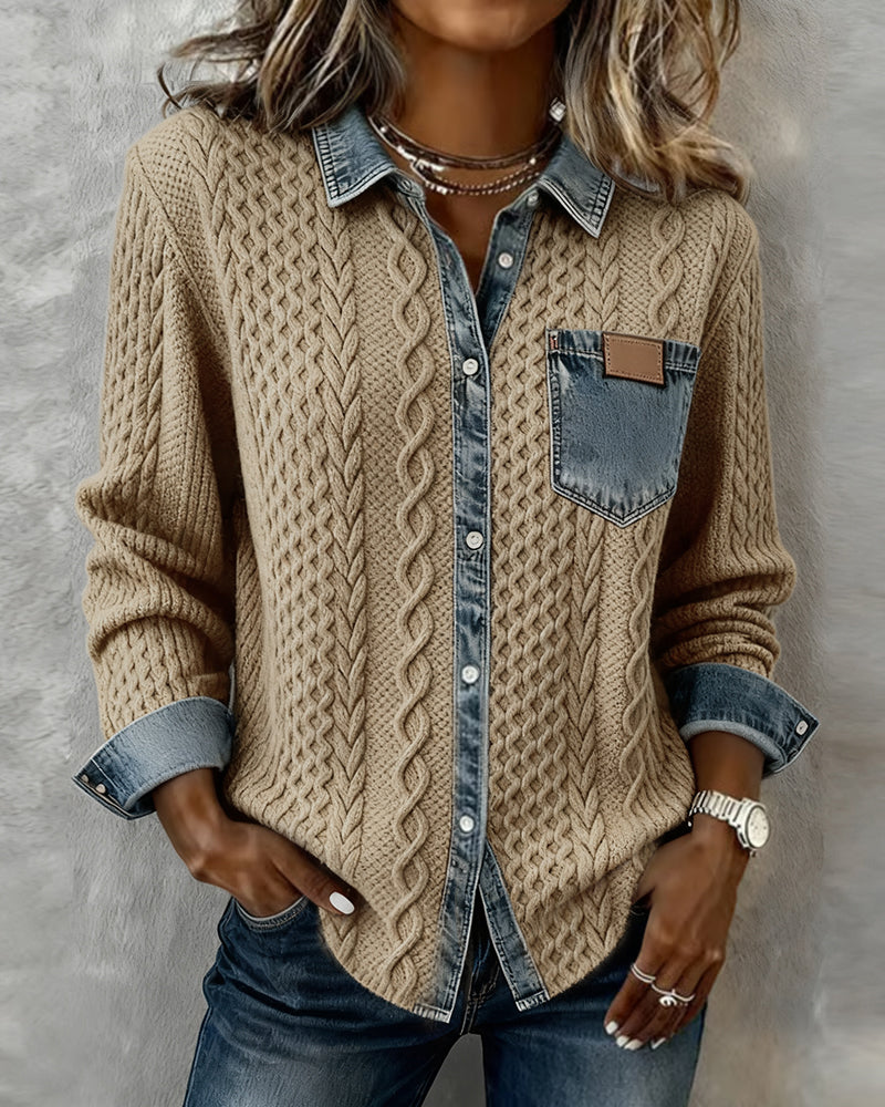 Marlowe | Women's Cable Knit Denim Trim Button Down Shirt