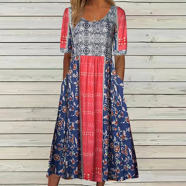 Abigail | Short Sleeve Square Neck Boho Print Relaxed Casual Midi Dress