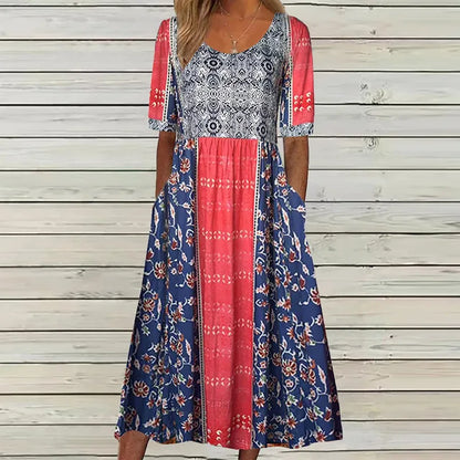 Abigail | Short Sleeve Square Neck Boho Print Relaxed Casual Midi Dress