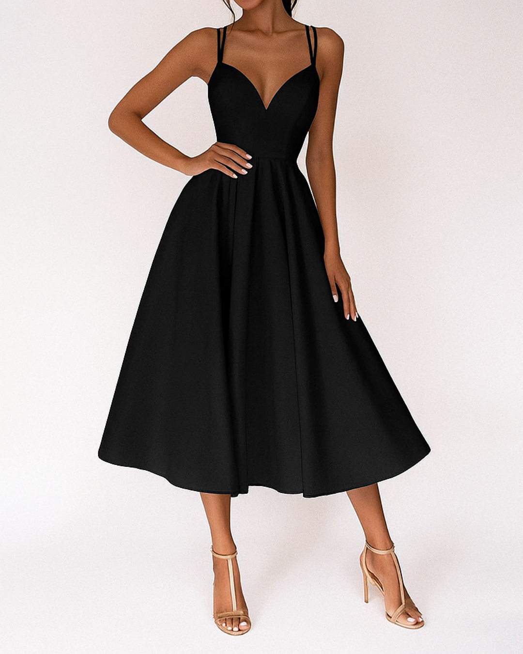 Daisy | Strappy Fitted Bodice Flared Midi Wedding Guest Dress