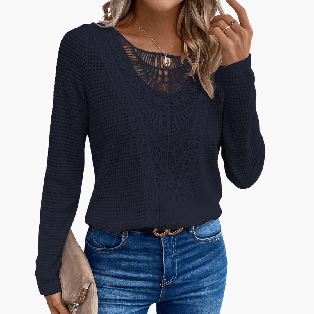 Marlowe | Women's Long Sleeve Crochet Lace Waffle Knit Top