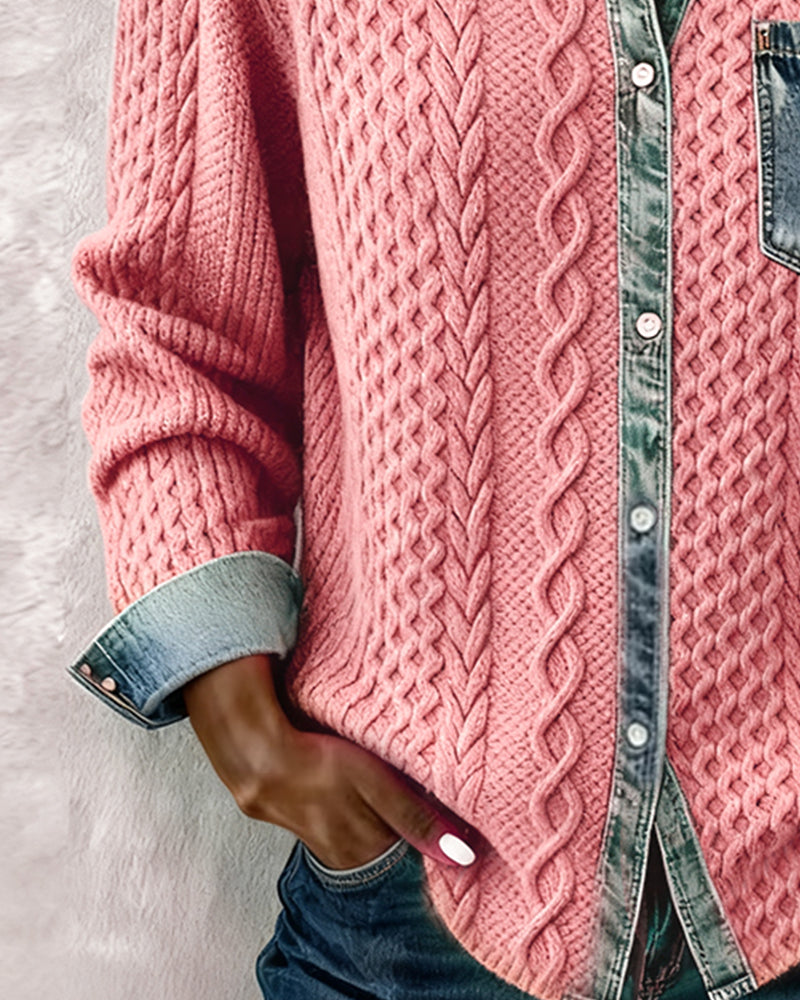 Marlowe | Women's Cable Knit Denim Trim Button Down Shirt