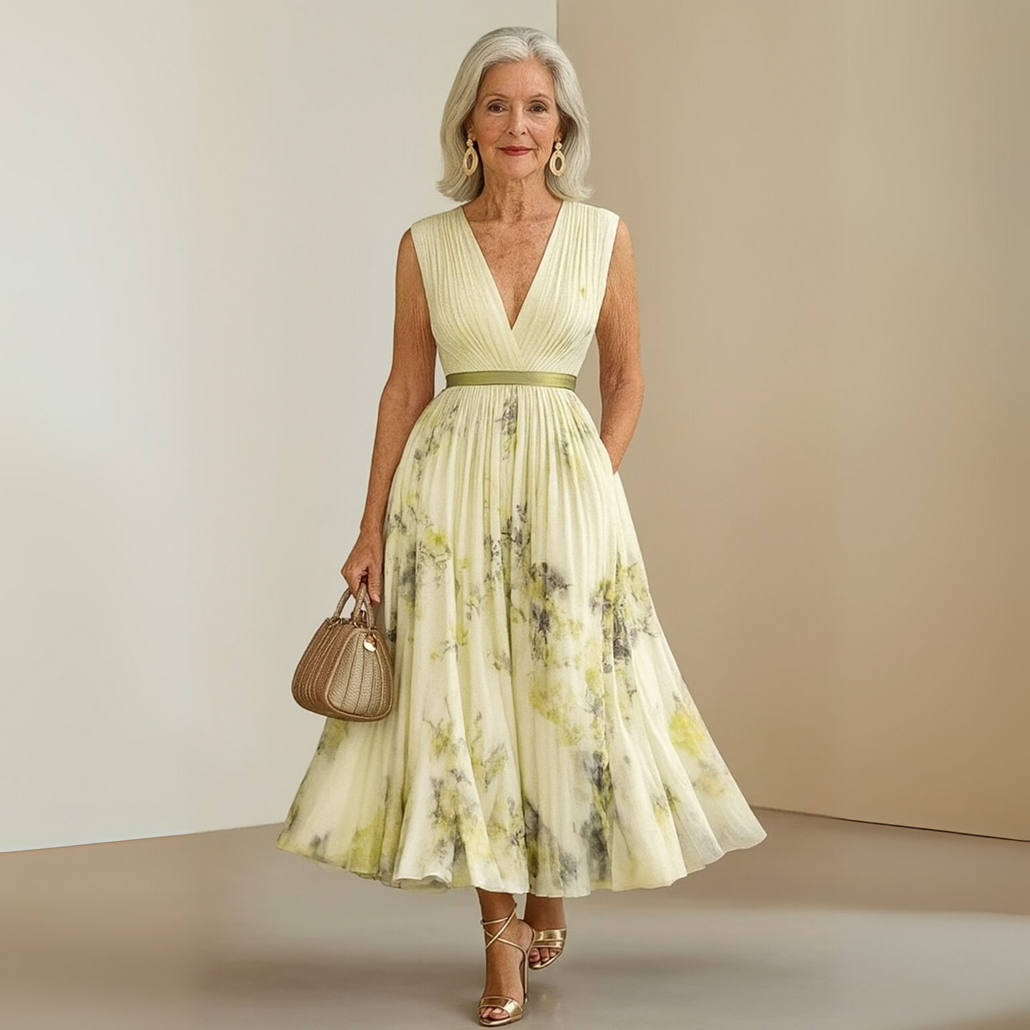 Aurora | Sleeveless Deep V Neck Floral Pleated Maxi Elegant Wedding Guest Dress