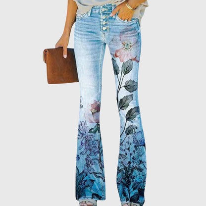 Fleur | Women's Floral Print High-Waisted Flared Jeans