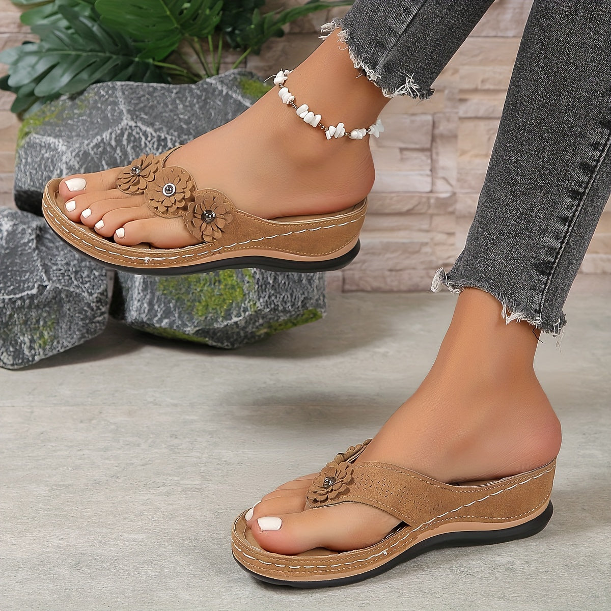 Pippa | Floral Appliqué Thong Wedge Slip On Orthopedic Sandal