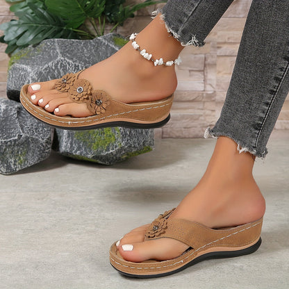Pippa | Floral Appliqué Thong Wedge Slip On Orthopedic Sandal