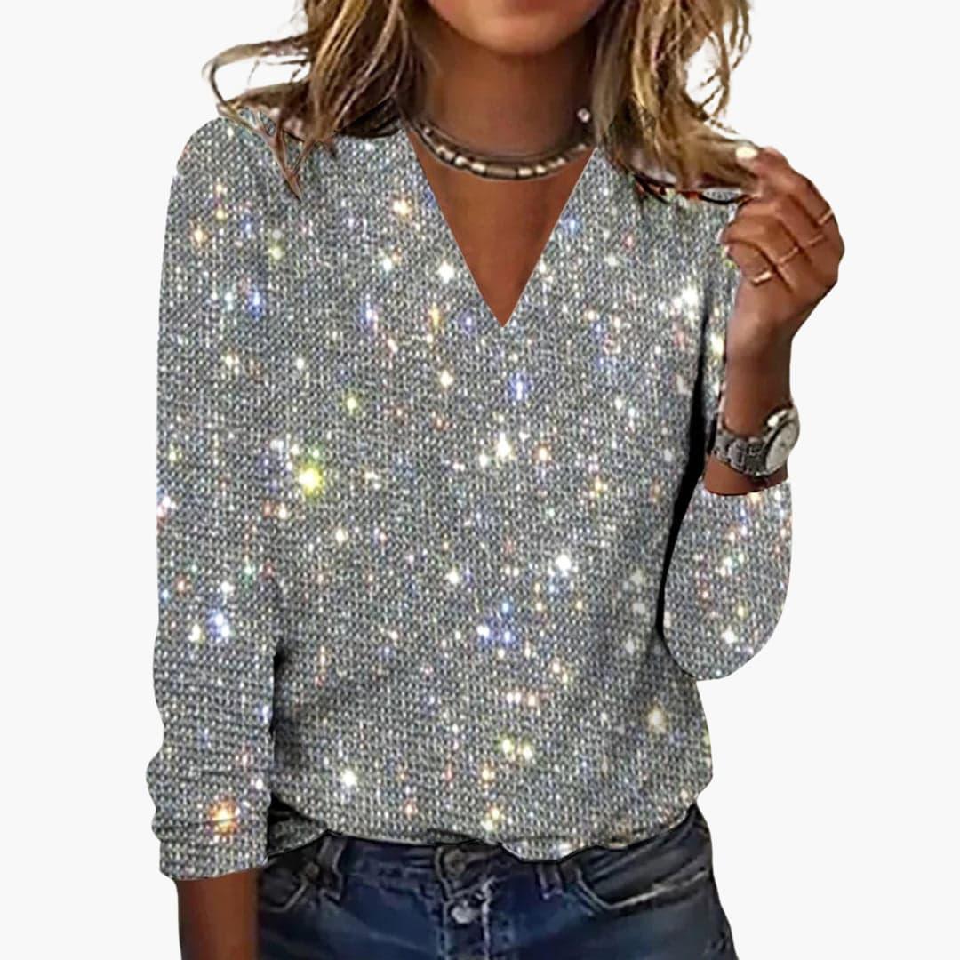 Celeste | Women's Glitter Sparkle V-Neck Long Sleeve Top