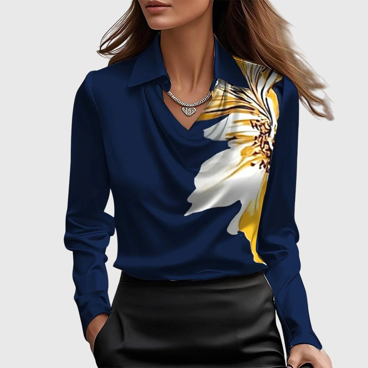 Brooklyn | Collared Cowl Neck Satin Long Sleeve Elegant Blouse