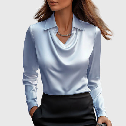 Brooklyn | Collared Cowl Neck Satin Long Sleeve Elegant Blouse