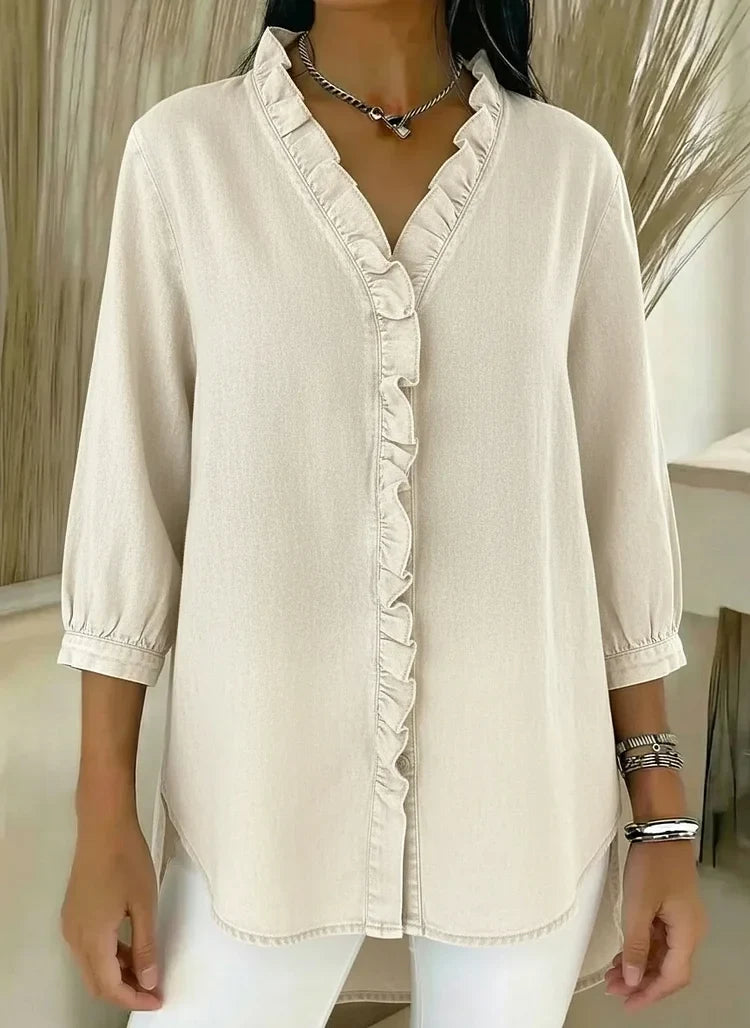 Delphine | Women's Denim V-Neck Ruffle Front Relaxed Shirt