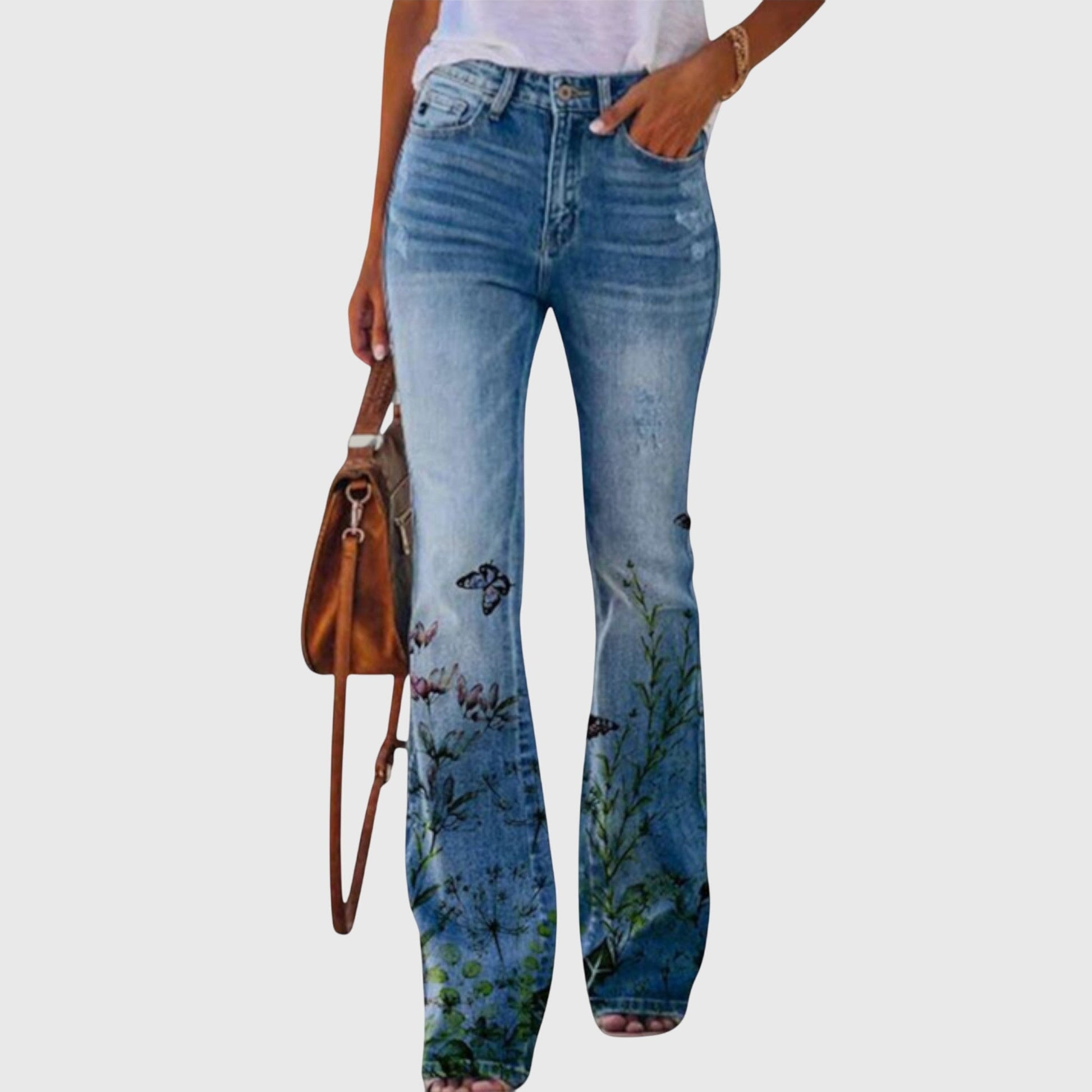 Fleur | Women's Floral Print High-Waisted Flared Jeans