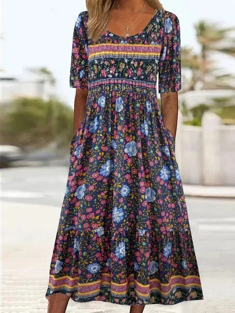 Abigail | Short Sleeve Square Neck Boho Print Relaxed Casual Midi Dress