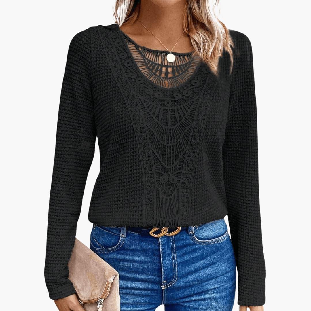 Marlowe | Women's Long Sleeve Crochet Lace Waffle Knit Top