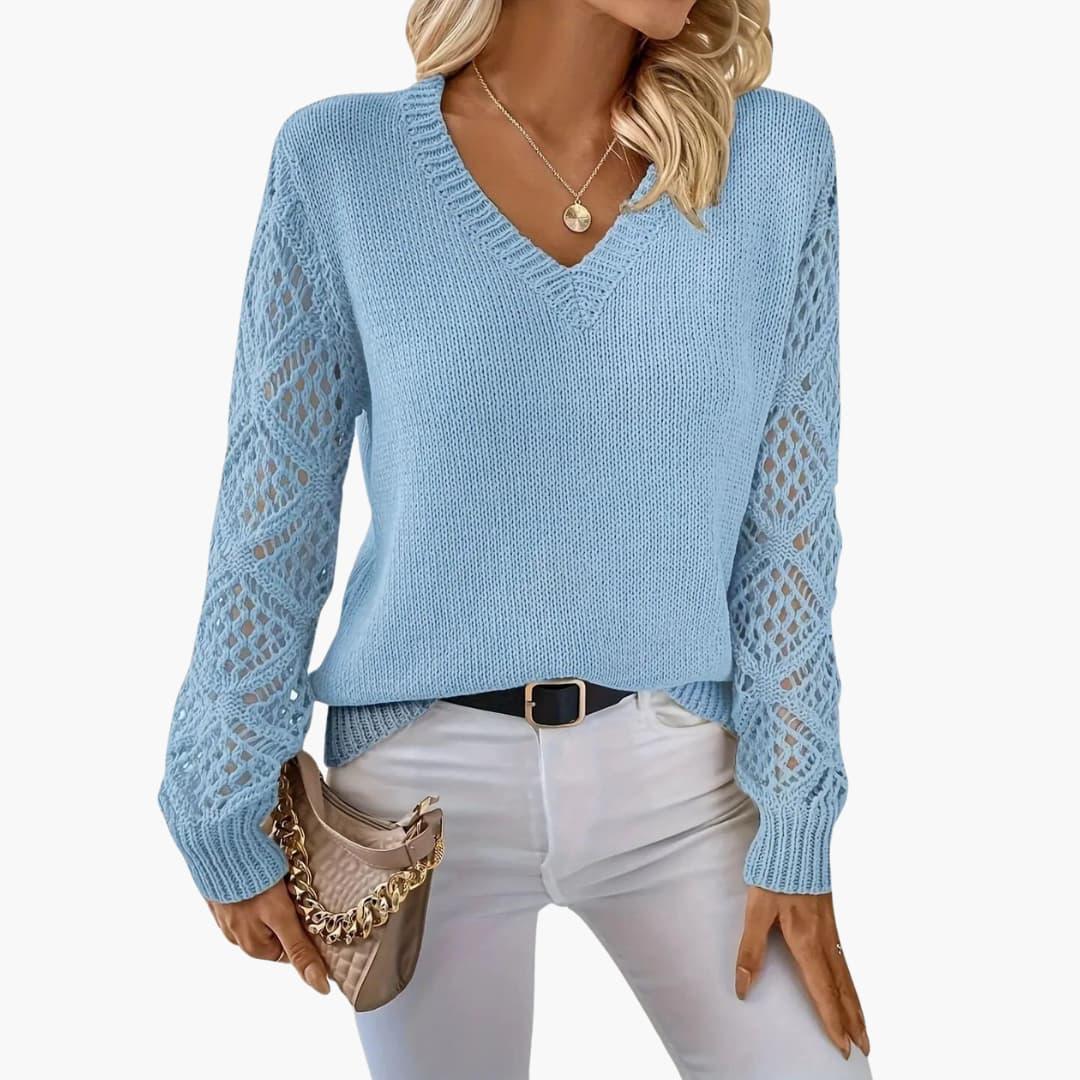 Marlowe | Women's Crochet Sleeve V-Neck Relaxed Knit Sweater