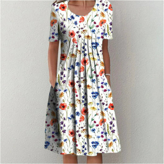 Poppy | Short Sleeve Floral Print Relaxed Casual Midi Dress