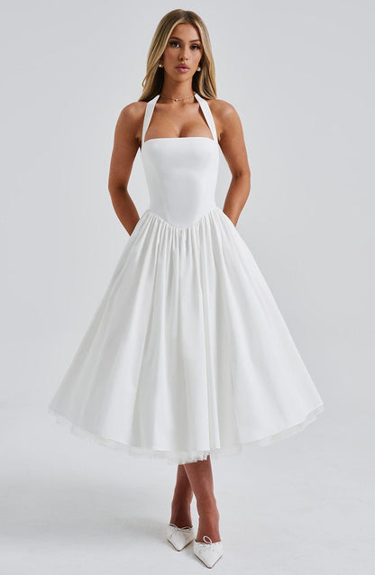 Chloe | Halter Tie Back Structured Bodice Voluminous Midi Wedding Guest Dress