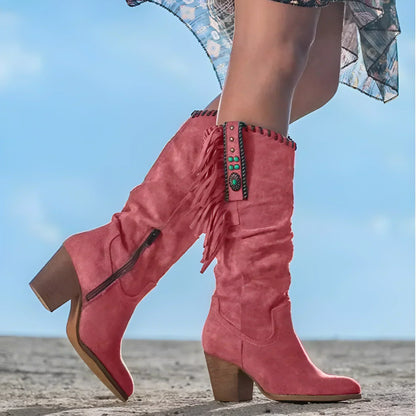 Saffira | Women's Western Fringe Suede Heeled Knee High Boot