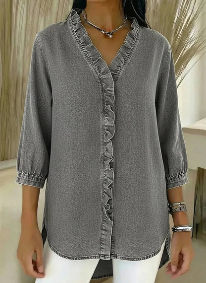 Delphine | Women's Denim V-Neck Ruffle Front Relaxed Shirt