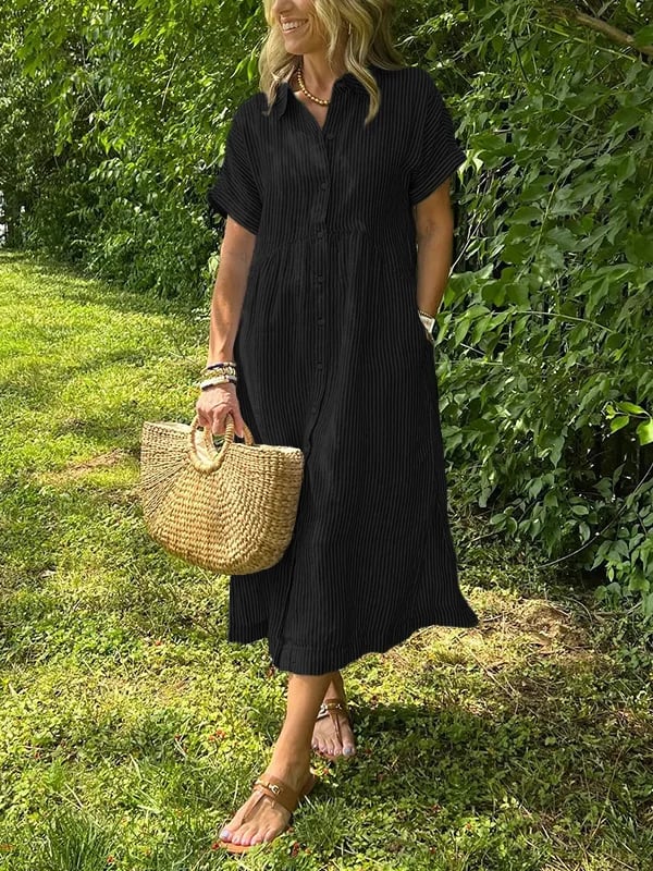Brooke | Short Sleeve Striped Collared Button Up Casual Summer Midi Dress